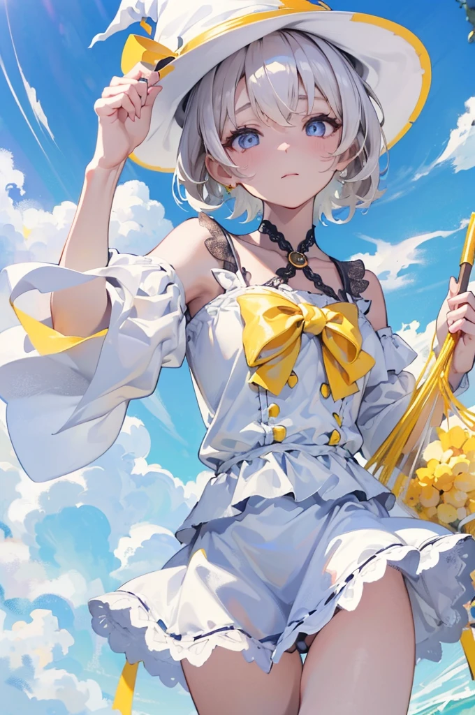 (Highest quality) (4K) (8k) (High resolution) (masterpiece:1.2) (Super detailed) One girl short hair witch The right eye is blue and the left eye is yellow Long sleeve Golden decoration Hair between the eyes Closed Mouth White Dress Wavy white hair Upper Body Blue hat Golden Background Embarrassed Being spoiled (Looking up) (Cast a spell)