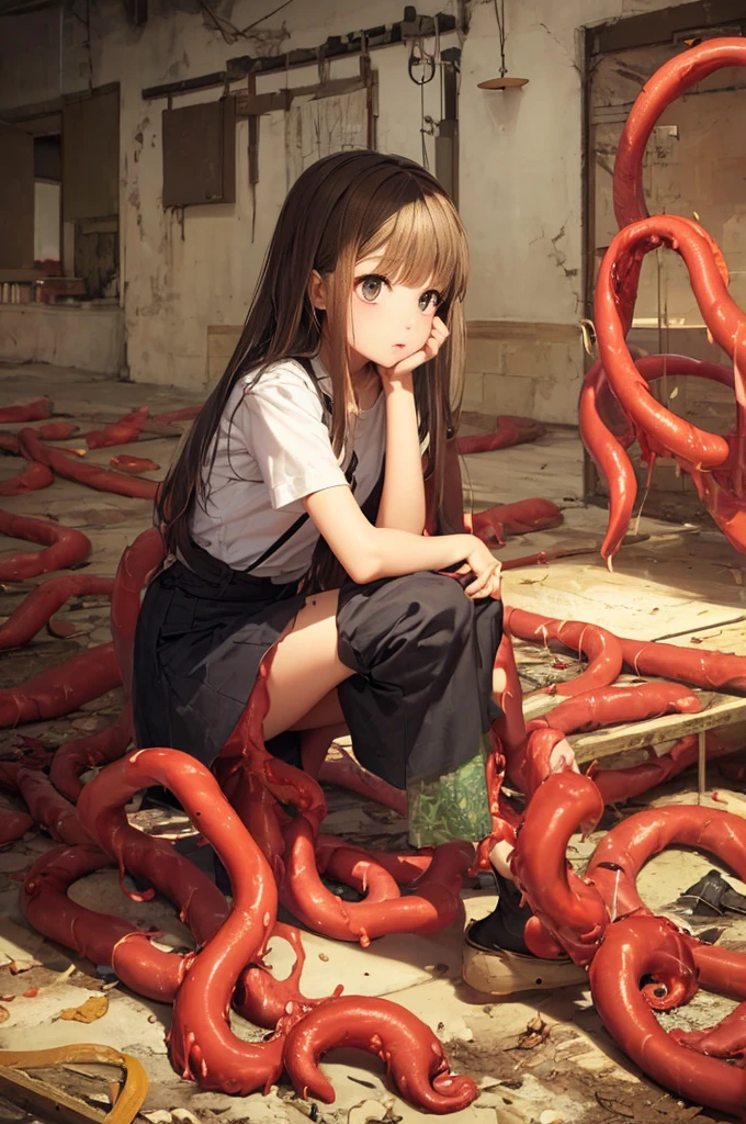 Girl captured by tentacles in abandoned factory　Tentacles in a skirt　Pants fabric texture　