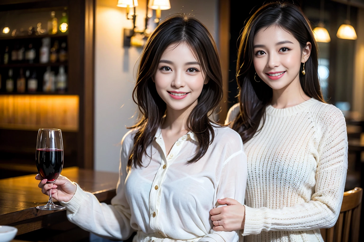 ((Highest quality、8k、masterpiece:1.3))、Shortcuts、cute、slimカップル、modelカップル、actress男優、(Realistic, Intricate details:1.2), full-course dinner、Wine Party、Amazing view of the sunset sky and clouds、A bright smile、short hair,Bright Face、 (Age 45), 42 years old, red wine 、Appetizers、Italian food、Wine bottle、Champagne、sparkling wine、Two beauties、Brown Hair、Shortcuts、Long sleeve shirt、dress、Beautiful woman 1, (slimな顔), (The body is slim), (Brown Hair), (Shortcuts), cheeks turn a little red,Attractive beauty、restaurant, In a prominent place (From the waist up) Nova Frog Style, actress, model, Upper Body, White wine, slim, wine glass, 中央に置かれたwine glass, smile, (smile: 1.15), Beautiful fine grain, Depth f/2,saturation, High Contrast, Strong light and shadow,Moist Body:1.5、3D texture、Delicate eyes、Brown Hair、The hair is very shiny、