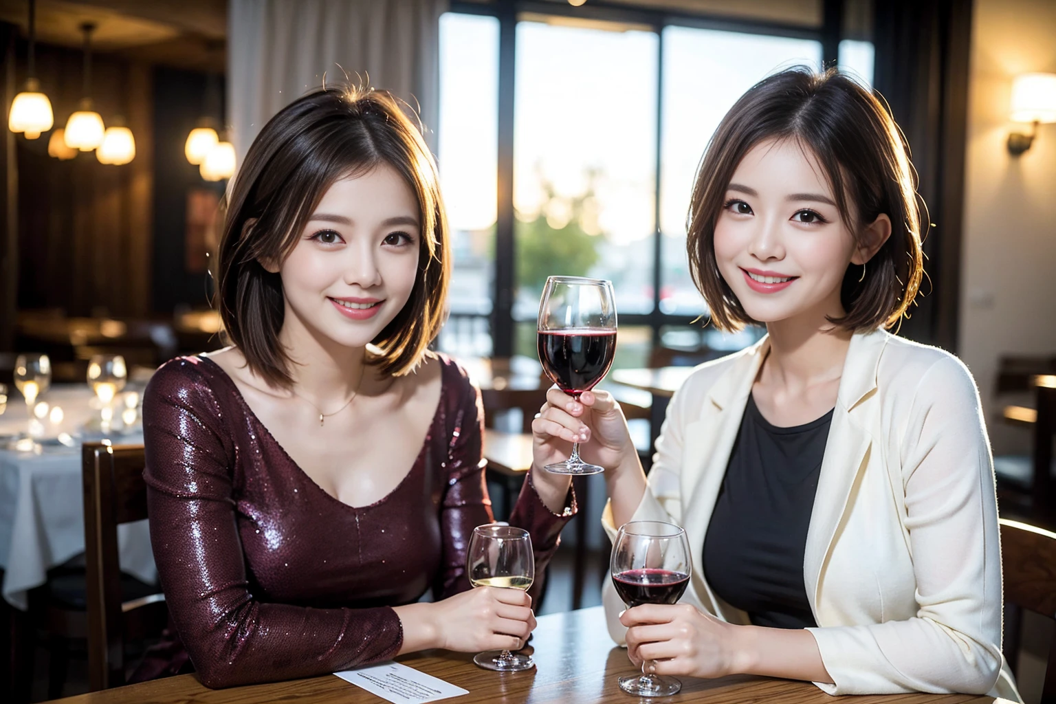 ((Highest quality、8k、masterpiece:1.3))、Shortcuts、cute、slimカップル、modelカップル、actress男優、(Realistic, Intricate details:1.2), full-course dinner、Wine Party、Amazing view of the sunset sky and clouds、A bright smile、short hair,Bright Face、 (Age 45), 42 years old, red wine 、Appetizers、Italian food、Wine bottle、Champagne、sparkling wine、Two beauties、Brown Hair、Shortcuts、Long sleeve shirt、dress、Beautiful woman 1, (slimな顔), (The body is slim), (Brown Hair), (Shortcuts), cheeks turn a little red,Attractive beauty、restaurant, In a prominent place (From the waist up) Nova Frog Style, actress, model, Upper Body, White wine, slim, wine glass, 中央に置かれたwine glass, smile, (smile: 1.15), Beautiful fine grain, Depth f/2,saturation, High Contrast, Strong light and shadow,Moist Body:1.5、3D texture、Delicate eyes、Brown Hair、The hair is very shiny、