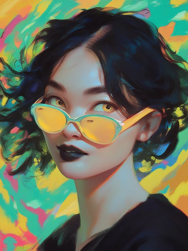 masterpiece, painting, portrait, graffiti style, young adult asian female, black hair, black lips, yellow tint glasses, abstract background