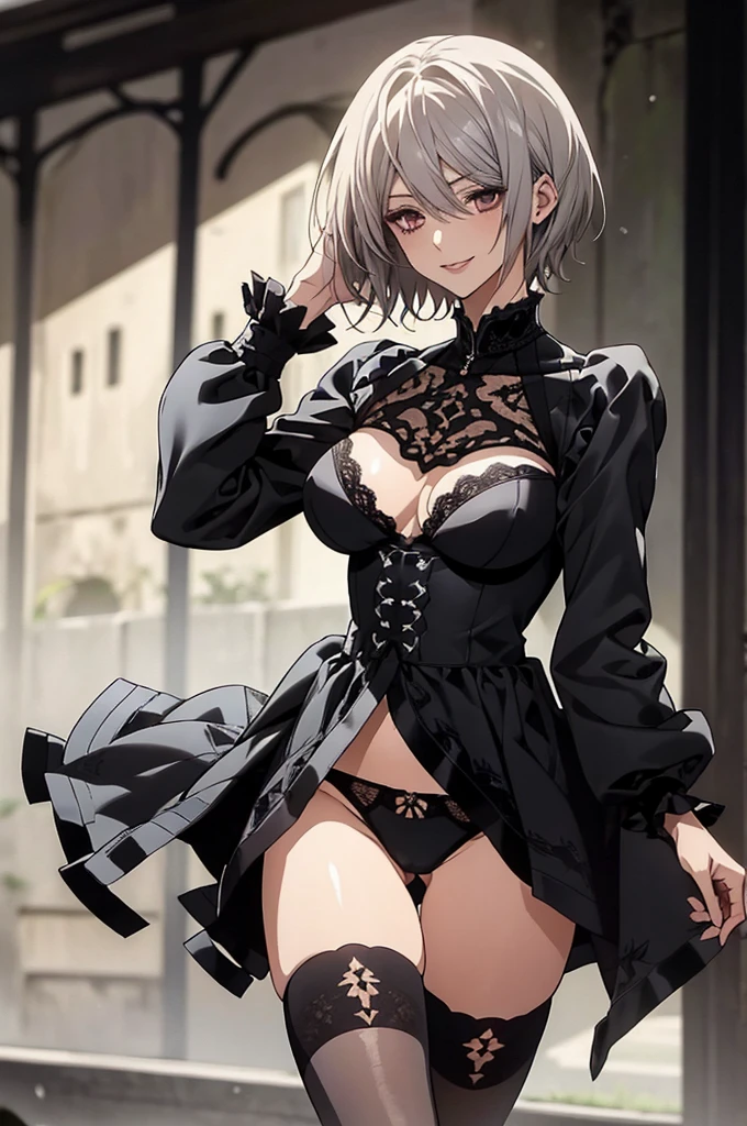 (Highest quality, High resolution, Very detailed), Silver Hair, Super short hair, Reddish brown eyes, gothic ta, lace thong, Large Breasts, 24th generation, Beautiful woman, mature, quiet, Calm, A small smile, park,