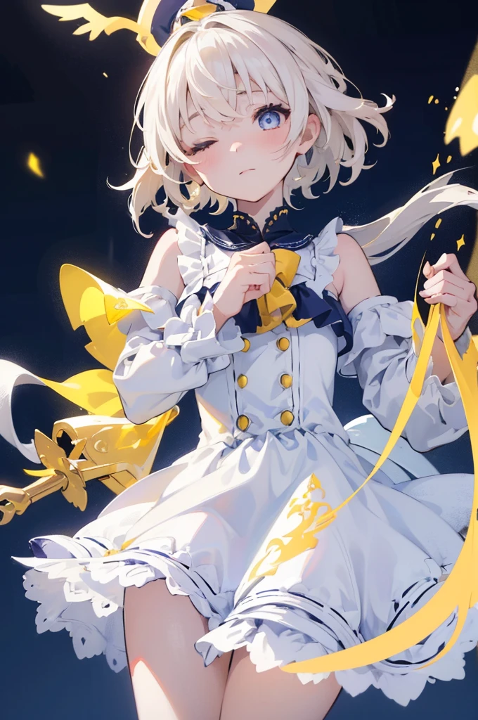 (Highest quality) (4K) (8k) (High resolution) (masterpiece:1.2) (Super detailed) One girl short hair witch The right eye is blue and the left eye is yellow Long sleeve Golden decoration Hair between the eyes Closed Mouth White Dress Wavy white hair Upper Body Blue hat Golden Background Embarrassed Being spoiled (Looking up) (Cast a spell)