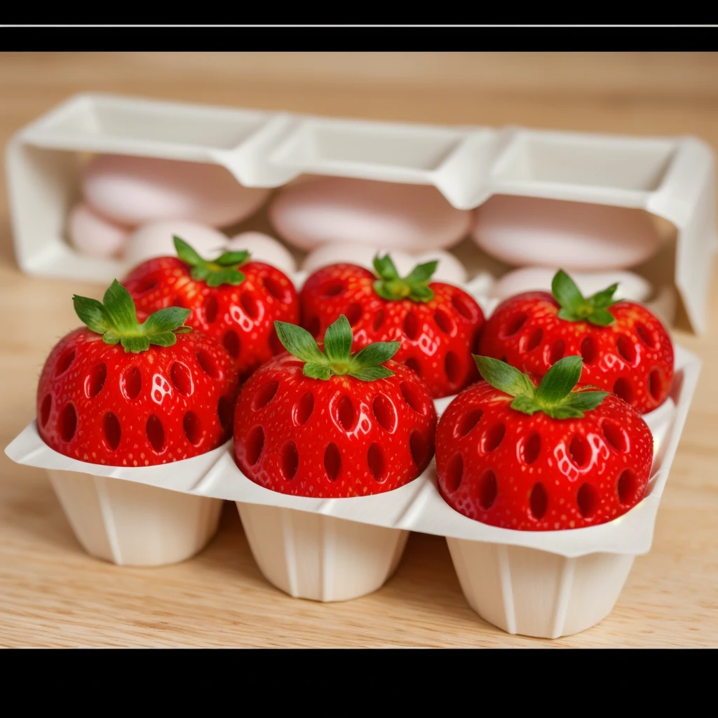 on a wooden table, in a paper egg tray, there are 6 strawberries instead of eggs, strawberries in an egg tray, realistic texture, realistic style, detailed texture, high quality, high resolution, high quality rendering, realistic photo, brightning light, macro photo