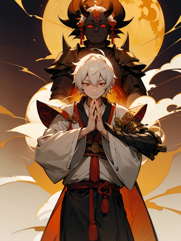 Buddha,Burning Eyes, horn, white short hair, black armor, tori ready, man, full moon, hands together in prayer, Zen meditation golden lion Chi Japanese sword demon vengeful spirit evil spirit Tai Chi図武神伦