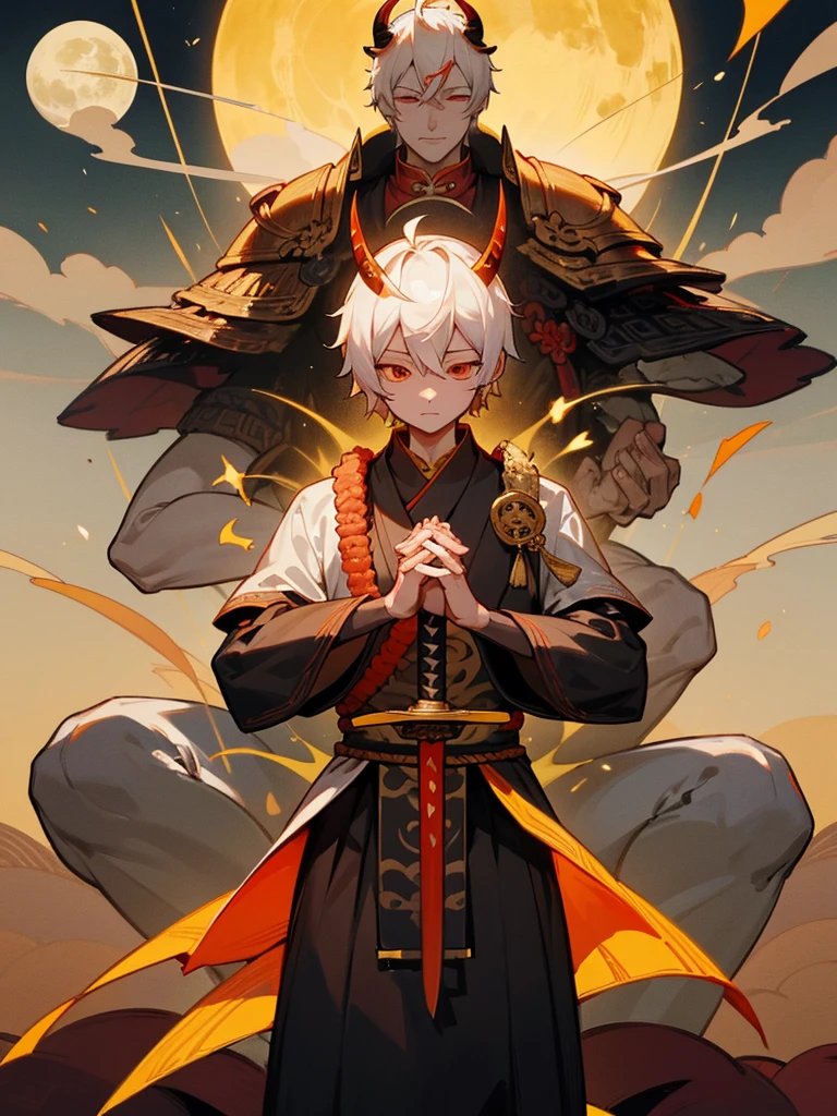 Buddha,Burning Eyes, horn, white short hair, black armor, tori ready, man, full moon, hands together in prayer, Zen meditation golden lion Chi Japanese sword demon vengeful spirit evil spirit Tai Chi図武神伦
