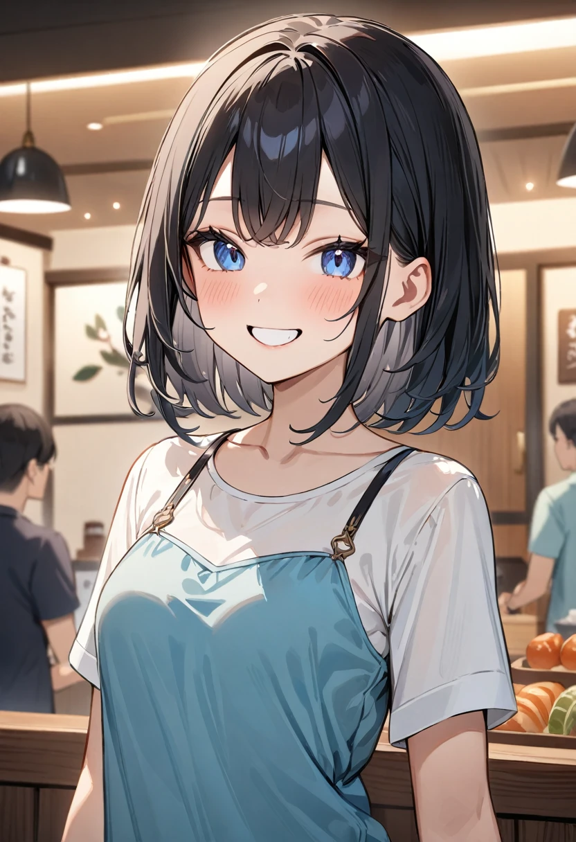 (masterpiece, top quality, very aesthetic, 4k、8ｋ、illustration), intricate detail, 1girl,Standing 、(upper body)、grin、()、
Cute 、black hair、,middle hair,sidelock ,,blue eye、Casual clothes、small breasts、Slim 、