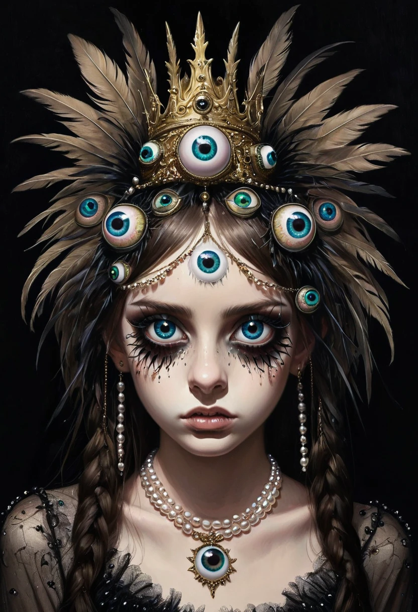 Grotesque Aesthetics:Girl with extra eyes,There are many eyeballs growing on the skin of the face,Eyeball Necklace,Eyeball Crown,Realistic eyeballs,teeth,Distorted face, Solitary,black background,crown,veil,hand,Pearl Necklace,Feather wings,wing