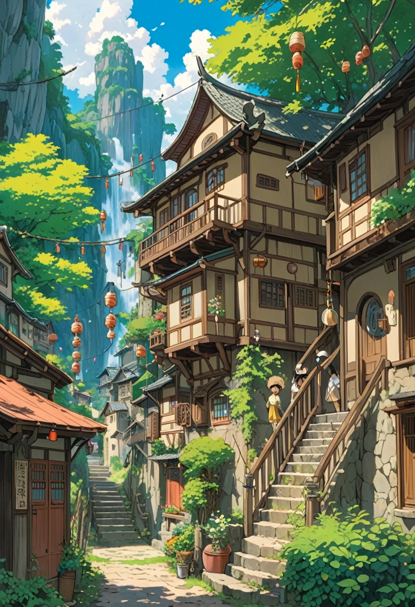 Studio Ghibli-style anime movies, Movie stills, Highest quality, masterpiece, Representative works, Official Art, Professional, Super intricate details, 8k, wind chimes