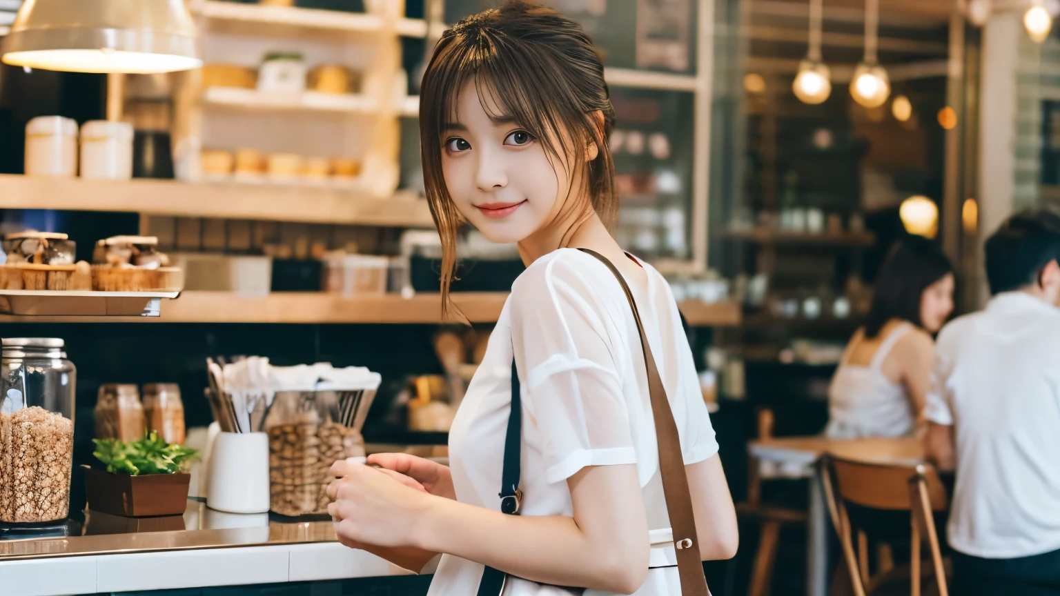 super high quality, Fashion Model, Slenderのネックレス, Slender, The staff is working at the counter in the back., (8k、RAW Photos、Highest quality、masterpiece:1.2), Stylish café, Fashion magazine photoshoot, (Realistic、Photorealistic:1.37), Beautiful Face , Mesh Hair, Urban Cafe, Golden Ratio, Raw photo, Small breasts, Bright cafe interior, Blurred Background, Summer clothes, Beauty, Photographed inside the cafe, 20-year-old, Hair blowing in the wind, Neat clothes, Cool older sister, Stylish clothes, 
