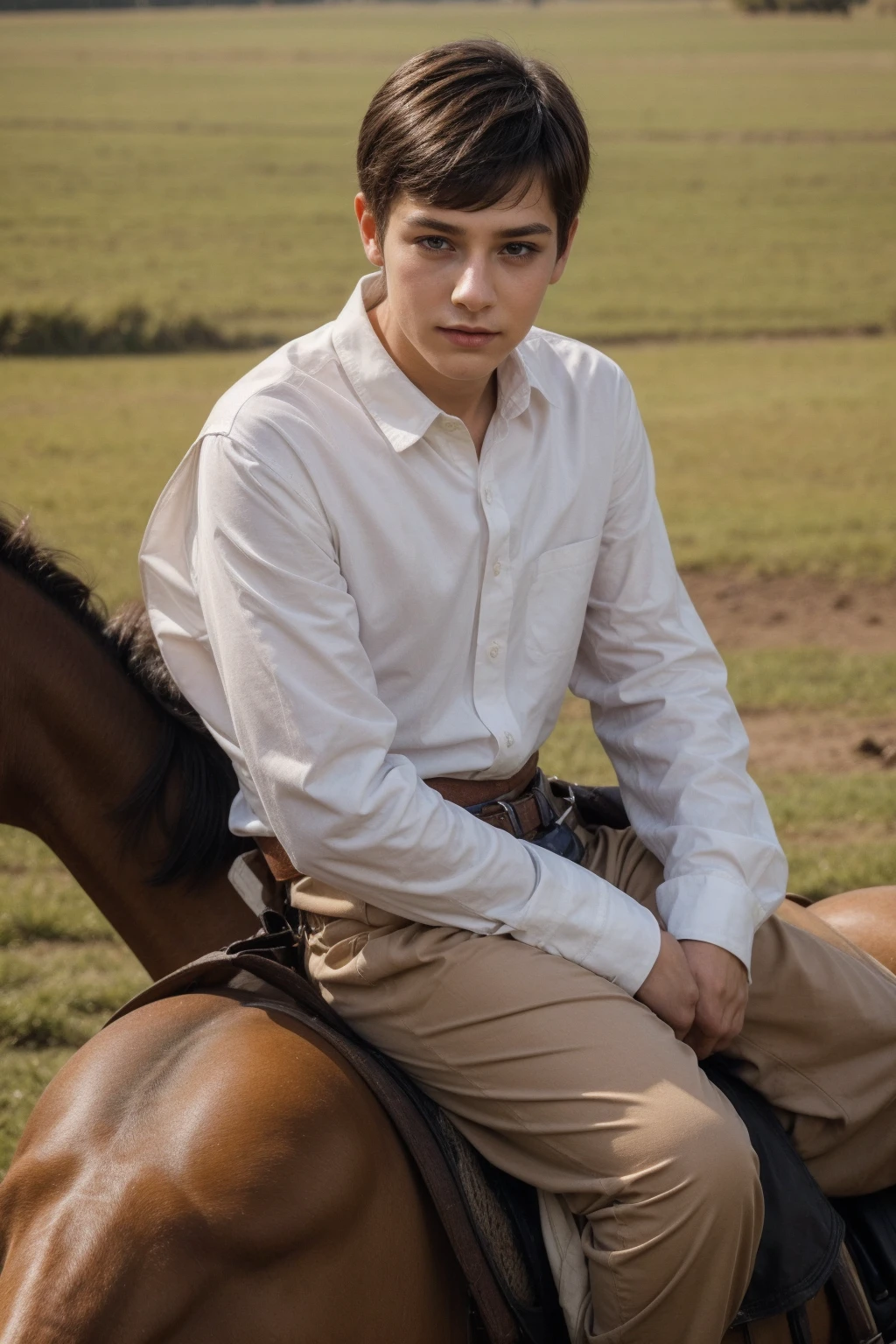 A cute male twink with a make-up face and black hair. He is wearing a white long-sleeved shirt and brown pants. He is riding a horse and looks proudly on the battlefield.