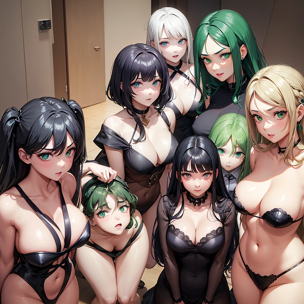 5 girls, (Curvaceous figure, imposing presence, dark hair, striking green eyes, authoritative demeanor.) (Softened figure, gray-haired, emerald-green eyes, charming demeanor.) (Petite, voluptuous, black hair, emerald-green eyes, innocent-looking yet sensual.) (Small-framed, delicate, blonde hair, striking azure-blue eyes, naive yet mischievous aura.)