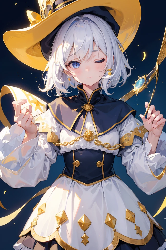 (Highest quality) (4K) (8k) (High resolution) (masterpiece:1.2) (Super detailed) One girl short hair witch The right eye is blue and the left eye is yellow Long sleeve Golden decoration Hair between the eyes Closed Mouth White Dress Wavy white hair Upper Body Blue hat Golden Background Embarrassed Being spoiled (Looking up) (Cast a spell)