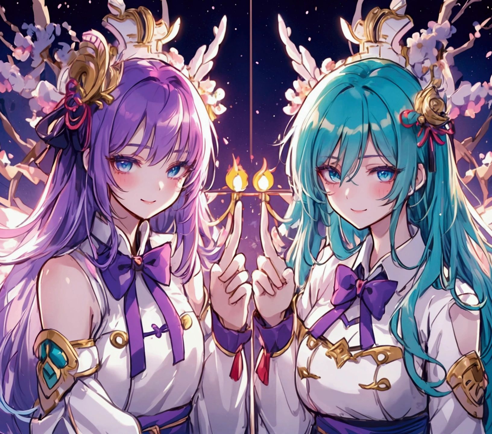 Blue-green hair, short hair, Beautiful Hair, Beautiful attention to detail, Ultra-detailed eyes、Sparkling eyes,Red eyeshadow on eyelids、Turquoise eyes、Fine eyes to be sucked in,blush, BREAK、(Tabletop:1.3), (Highest quality:1.3), High resolution, Cooboy Shot, behind, Sleep, (pretty girl:1.3), alone, White skin, Small breasts, Big smile、Eight-headed man, Heart symbol, Outdoor, Purple Background, Gorgeous bedding, Best image quality、Octane、Shadow lighting, BREAK、teacher, Wearing a white dress, White leggings, Look at the details, Detailed eyes, Purple bow tie, A golden crown floating on her head, The background is China's space