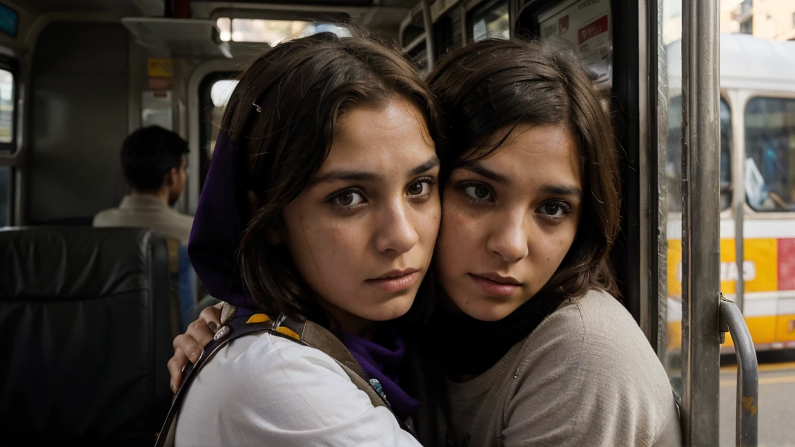 A white boy with short brown hair is sitting inside a bus, hugging a black girl who is wearing a purple hijab. The boy has an expression of concern and fear, with visible bruises on the face, including scratches and bloodstains. a , also with an expression of concern, Is looking out, with eyes full of uncertainty and fear. They are surrounded by a typical bus environment, with yellow bars and windows in the background. a cena transmite uma sensação de urgência e suspense.