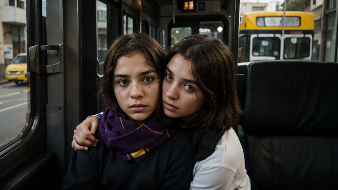 A white boy with short brown hair is sitting inside a bus, hugging a black girl who is wearing a purple hijab. The boy has an expression of concern and fear, with visible bruises on the face, including scratches and bloodstains. a , also with an expression of concern, Is looking out, with eyes full of uncertainty and fear. They are surrounded by a typical bus environment, with yellow bars and windows in the background. a cena transmite uma sensação de urgência e suspense.