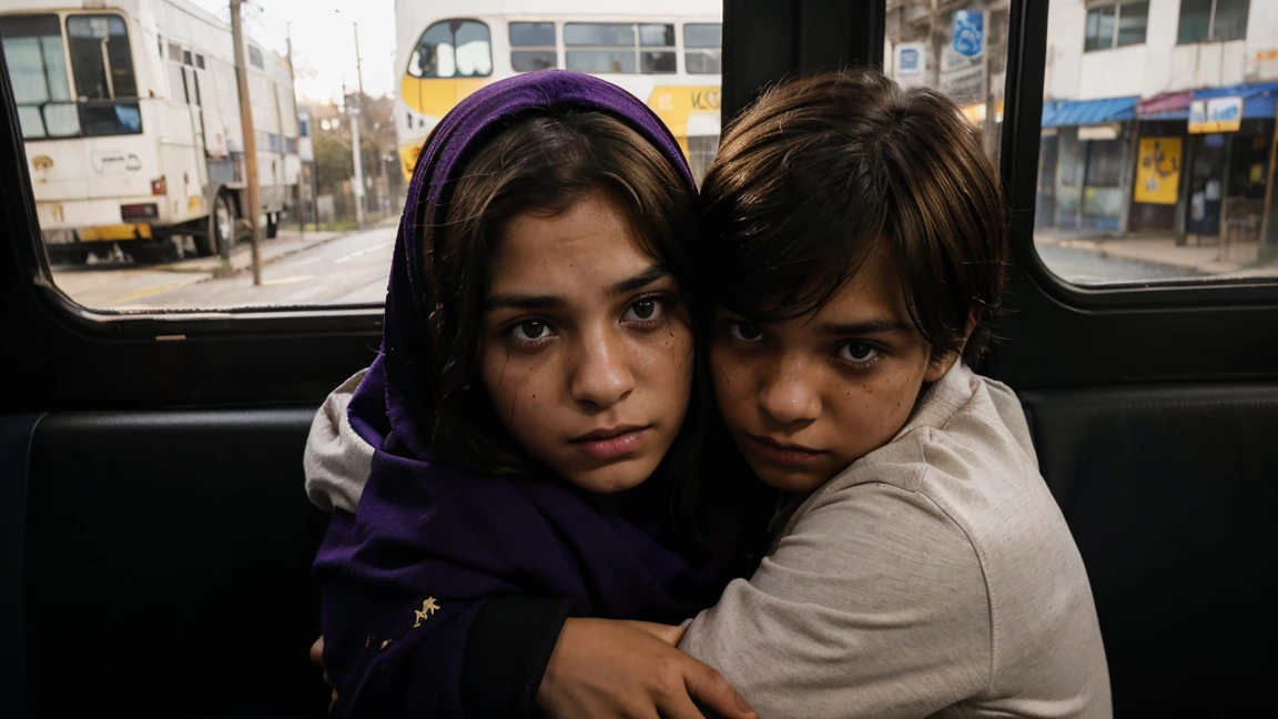 A white boy with short brown hair is sitting inside a bus, hugging a black girl who is wearing a purple hijab. The boy has an expression of concern and fear, with visible bruises on the face, including scratches and bloodstains. a , also with an expression of concern, Is looking out, with eyes full of uncertainty and fear. They are surrounded by a typical bus environment, with yellow bars and windows in the background. a cena transmite uma sensação de urgência e suspense.