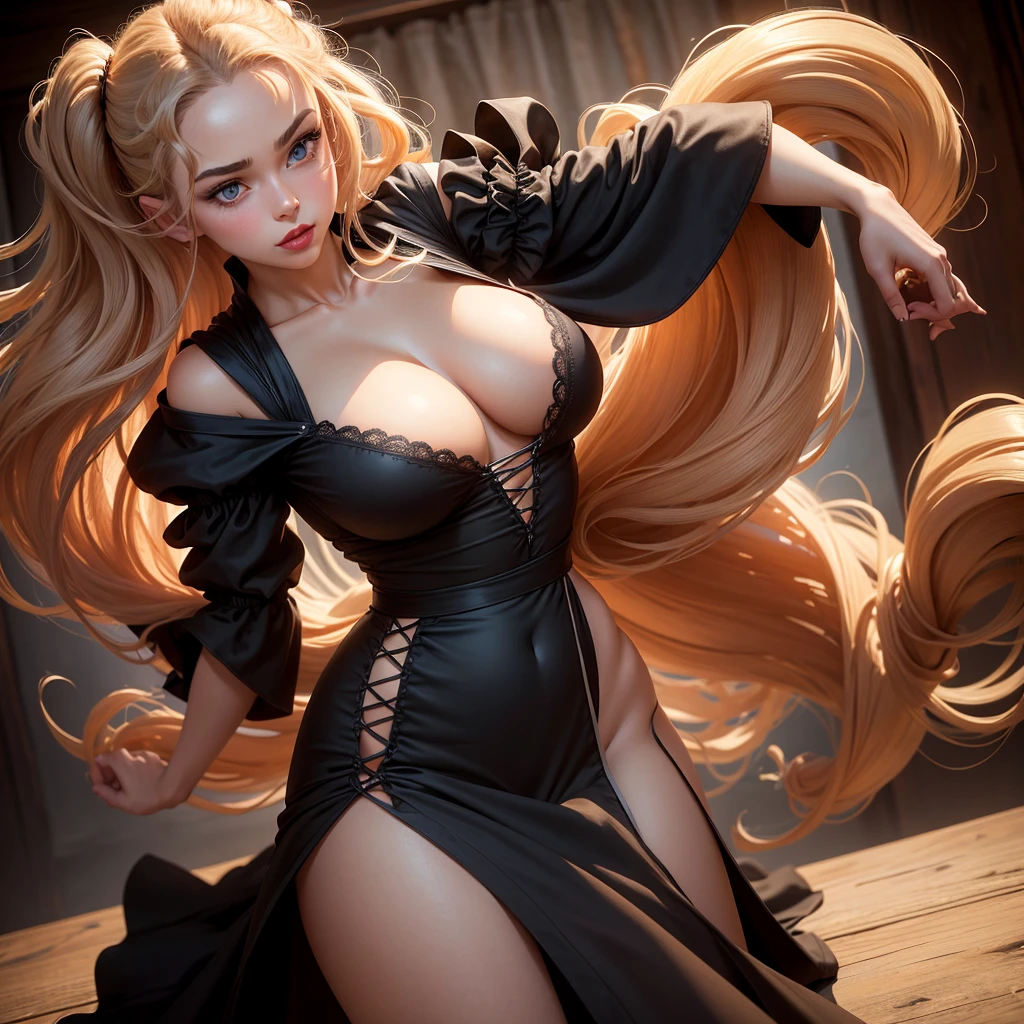 1 girl, standing alone, Homemade rustic dress in black, made of satin , with a loose smock-like cut, high-waist, and three-quarter sleeves, Mrs, Average height, Scrawny, triangular face, skin tanned, hair orange ,icy blue eyes, [[curved nose]], fleshy lips, round portruding chin, long hair, thick hair, tapered afro, natural breasts, , pure red lipstick, Bending sideways with one arm extended above the head, Charming well-lit studio,full of equipment , :] , breathtaking, details Intricate, absurderes, high resolution, ultra detaild, highest quallity, Incredible details,