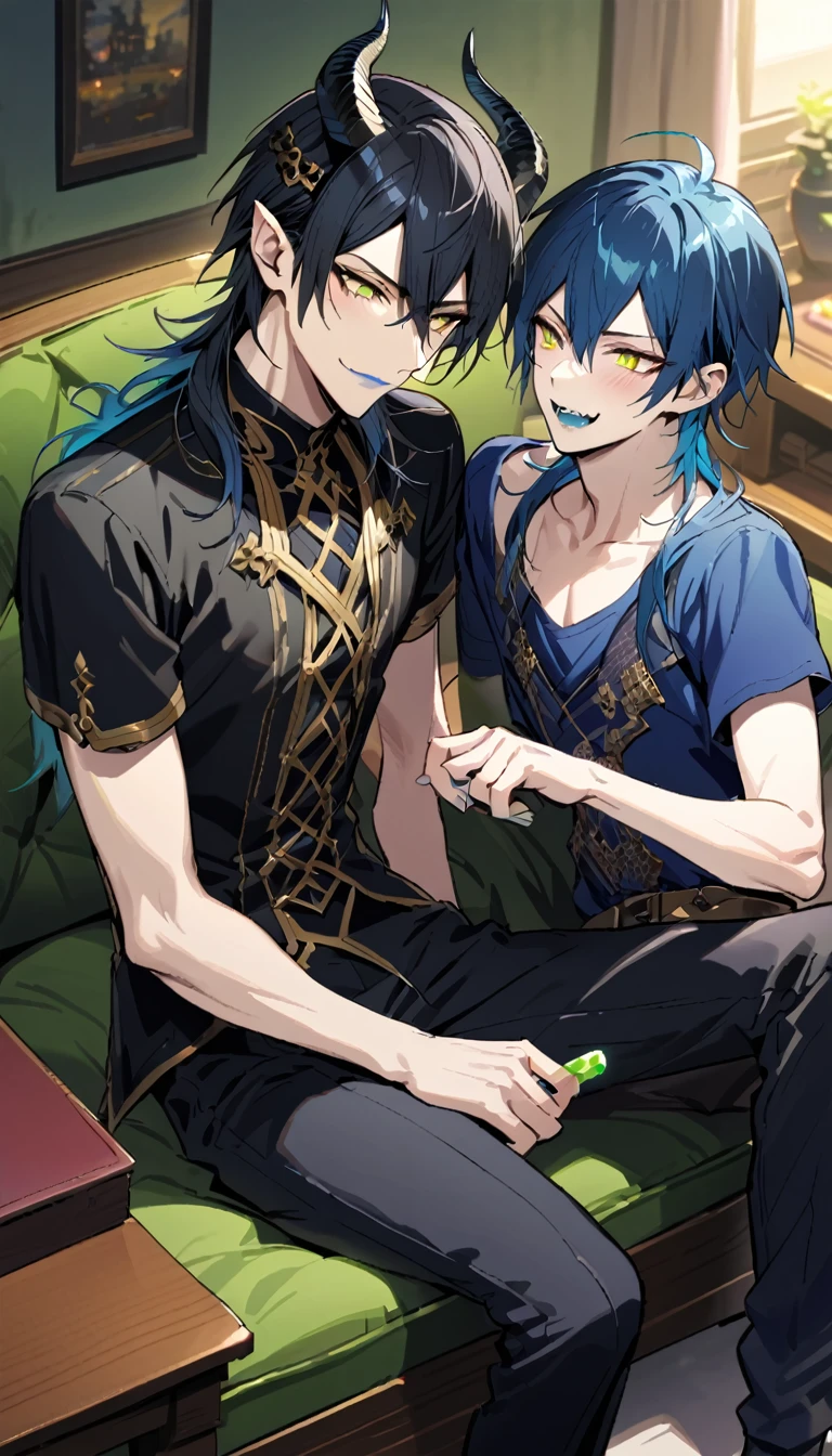 masterpiece, best quality, extremely detailed, anime , upper body, ((2boys)), BL, male focus, ikemen:1.5, looking at each other, holding ice candy, T-shirt, short sleeves, room, sitting on sofa,full body, (1nd boy, malleus draconia \(twisted wonderland\) horns, bishounen, boy, male, yana Toboso style, long hair, black hair, yellow green eyes, smile, gray lips, handsome, skinny, tall, yellow green glow, gothic anime style), (2st boy,Idia Shroud, bishounen, boy, male, yana Toboso style, extremely long hair, blue hair, blue fire hair, wavy hair, yellow eyes, tired expression, blue lips, handsome, skinny, tall, geeky, blue glow, shark teeth, gothic anime style,) AddXL