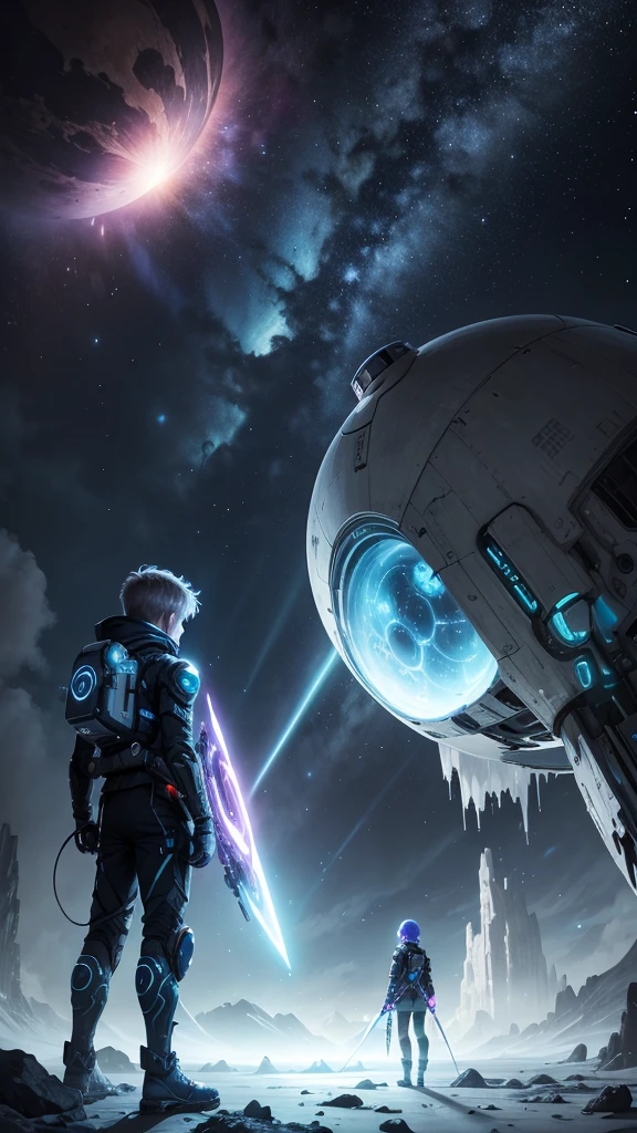 

Title: "Cosmic Encounter Where a boy and girl using weapons "

Scene: A futuristic landscape set on Jupiter's moon, Europa. A boy and a girl, both wearing advanced exosuits, stand at the edge of a glowing, iridescent portal. The portal pulsates with an otherworldly energy, illuminating the surrounding ice terrain.

In the background, the massive planet Jupiter looms large, its swirling storm clouds and vibrant aurora displays lighting up the dark sky.

To the left, a sleek, silver UFO descends from the clouds, its hull etched with strange, alien symbols. A being with elongated limbs and large, black eyes emerges from the ship, its gaze fixed on the portal.

The boy and girl hold futuristic weapons, their eyes locked on the alien visitor. The weapons' screens display holographic data streams, indicating advanced AI technology at work.

Color Palette:

- Soft blues and whites for the icy terrain
- Vibrant oranges and purples for Jupiter's atmosphere
- Metallic silvers and blacks for the UFO and weapons
- Glowing iridescent hues for the portal

Atmosphere:

- An air of tension and wonder as the characters confront the unknown
- A sense of advanced technology and futuristic exploration
- A hint of mystery surrounding the portal and the alien's intentions

Task: Capture the Boy and girl's face looking at each othes face while holding weapons in their hands and cosmic encounter, where humanity's future meets the unknown.

Task: Make without exposing Clothes 