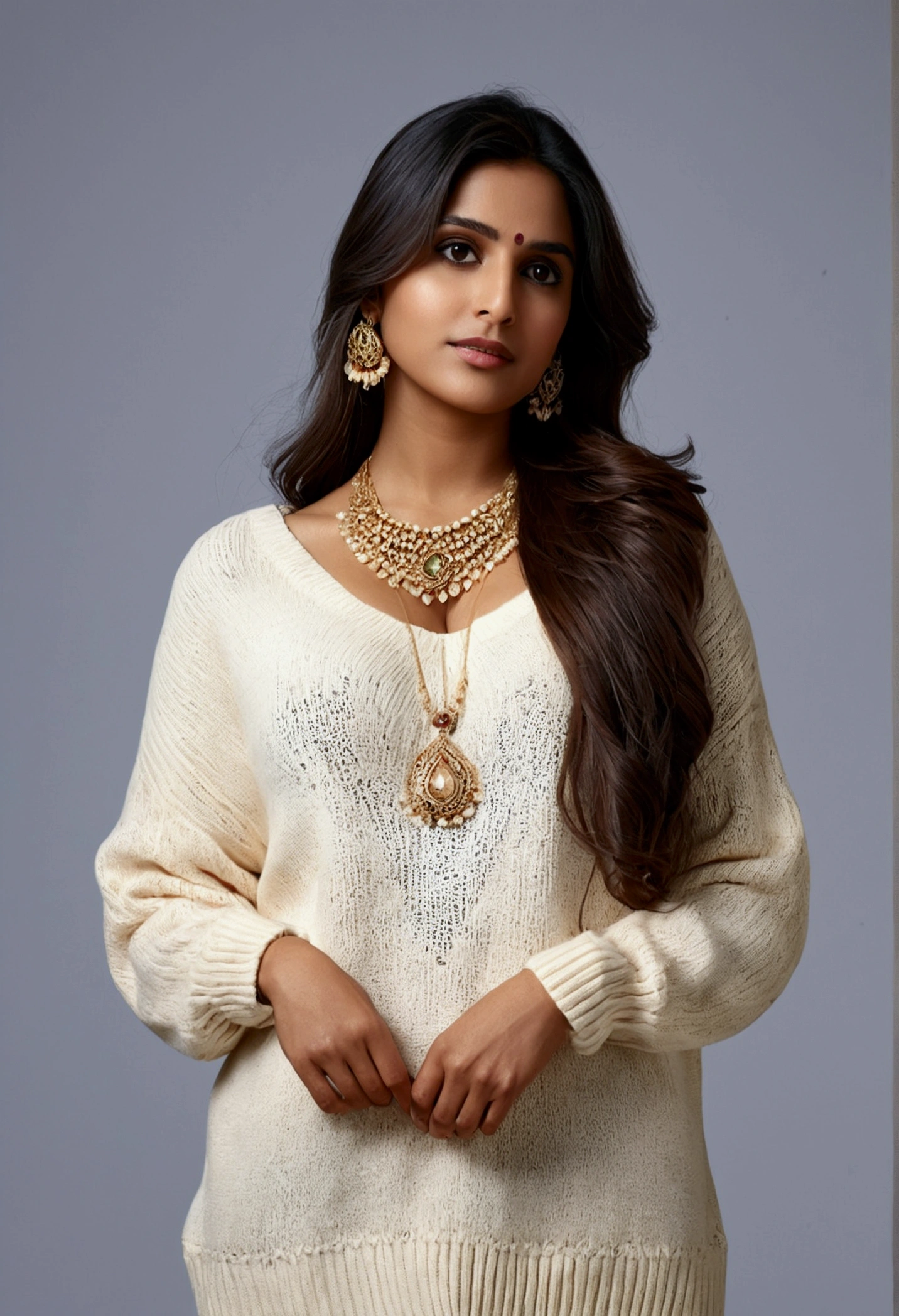 (Best quality, 8k, 32k, Masterpiece, UHD:1.2),Photo of Pretty indian woman, large breastslong hair,upper body,(oversized_sweater,:1.1) necklace, simple background, looking at around