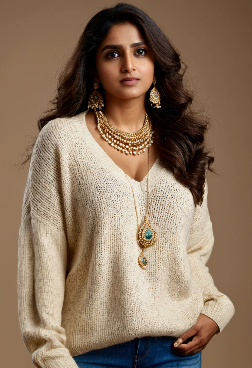 (Best quality, 8k, 32k, Masterpiece, UHD:1.2),Photo of Pretty indian woman, large breastslong hair,upper body,(oversized_sweater,:1.1) necklace, simple background, looking at around
