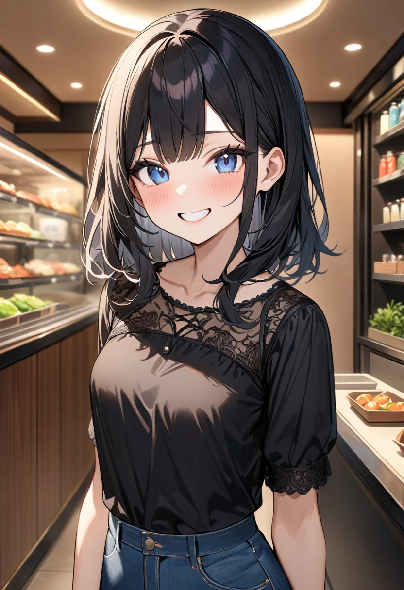 (masterpiece, top quality, very aesthetic, 4k、8k、illustration), intricate detail, 1girl,Standing 、(upper body)、grin、()、
Cute 、black hair、,middle hair,sidelock ,,blue eye、Casual clothes、small breasts、Slim 、