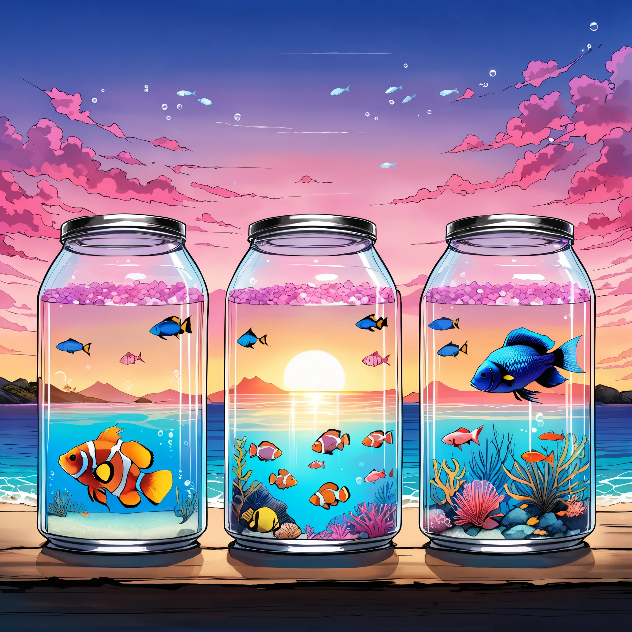 (in style of Santiago Caruso:1.1),3 transparent cans,There are 3 different kinds of fish living in it,Betta,Tropical clown fish,Fluorescent fish,at the seaside,Sunrise background,Pink morning,