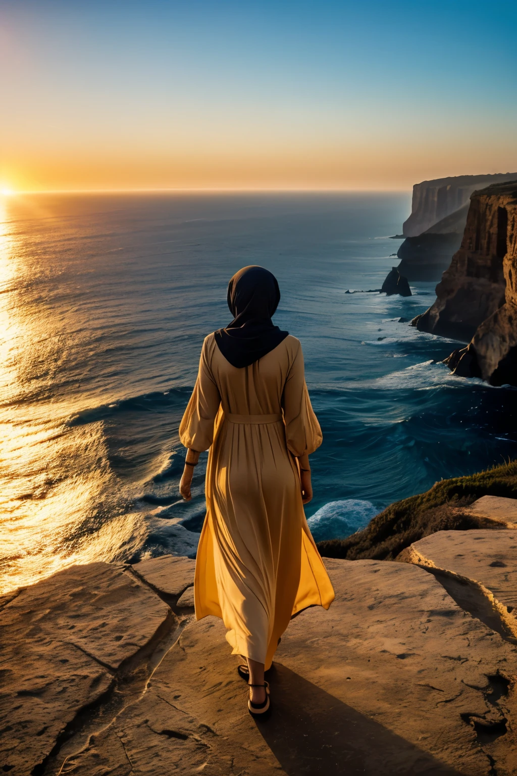 A muslim girl stood at the edge of the cliff,facing towards the sun, the wind playing with her dress, the sun casting a golden glow over the ocean below.