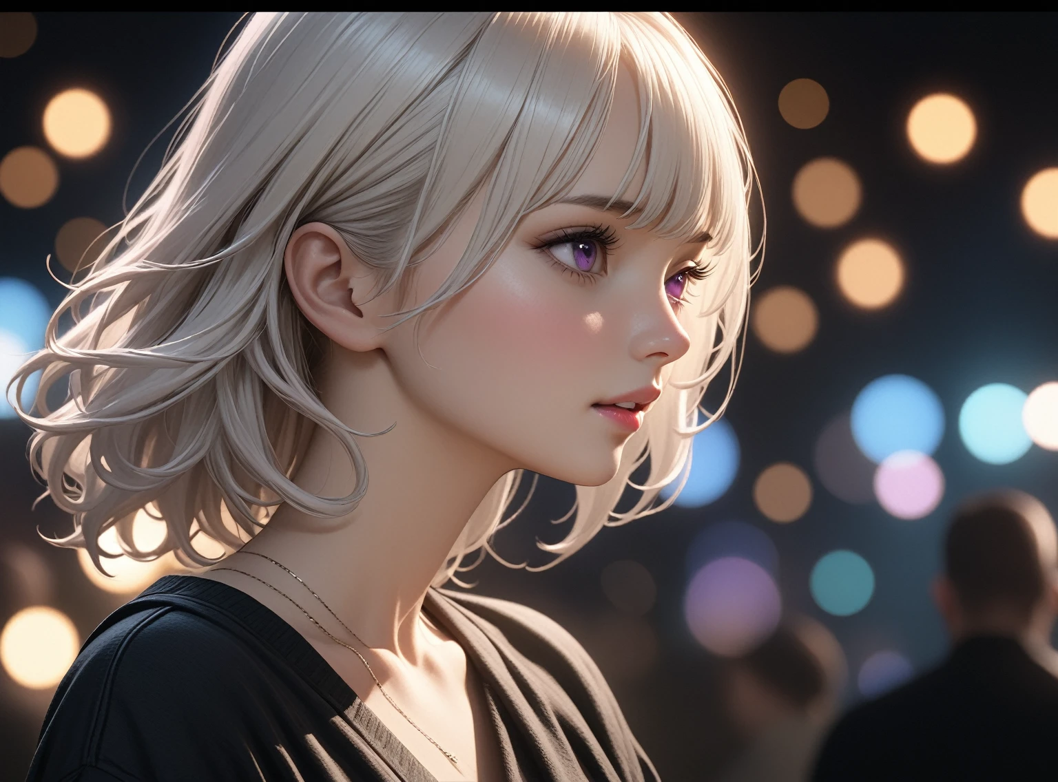 best quality, masterpiece, high resolution, A girl, white hair, purple eyes, black shirt Beautiful face, Tyndall effect, lifelike, Dark studio, Side lighting  , Bi-color lighting, ( Skin HD:1.2), 8k , Soft lighting, high quality, Volumetric lighting, candid, high resolution, 8k, bokeh, depth of field, female hacker, machine  count.