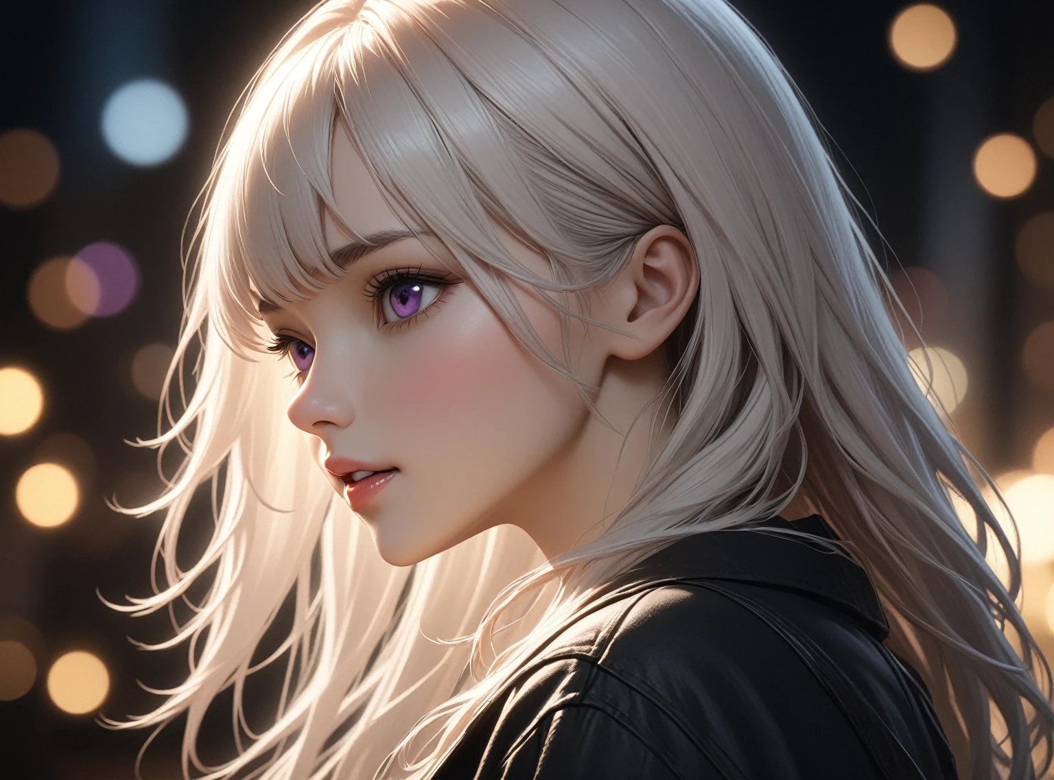 best quality, masterpiece, high resolution, A girl, white hair, purple eyes, black shirt Beautiful face, Tyndall effect, lifelike, Dark studio, Side lighting , Bi-color lighting, ( Skin HD:1.2), 8k , Soft lighting, high quality, Volumetric lighting, candid, high resolution, 8k, bokeh, depth of field, female hacker, machine count.