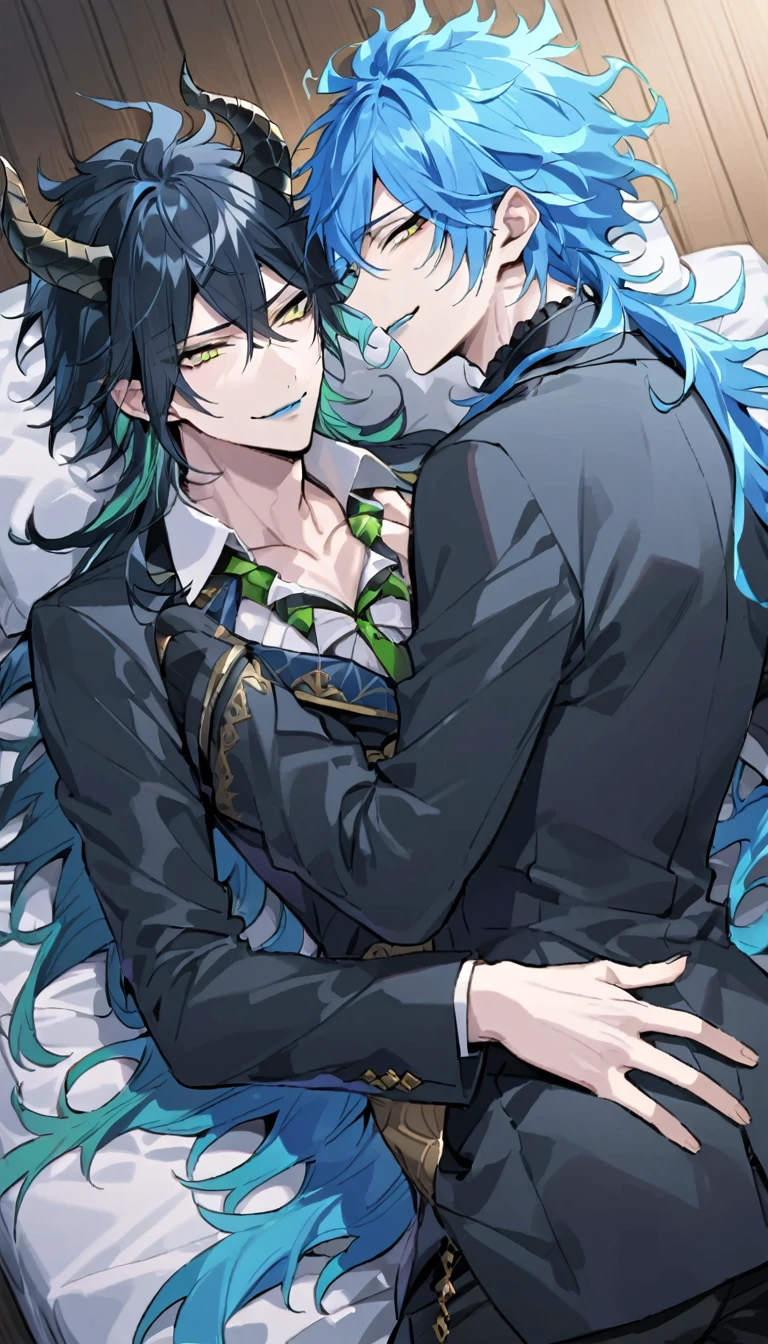 masterpiece, best quality, body shot, a man in business suit lying on a bed with a man dressed in shorts, barefoot, multiple boys, 2boys, male focus, suit, necktie, black pants, formal, pants, (1nd boy, malleus draconia \(twisted wonderland\) horns, bishounen, boy, male, yana Toboso style, long hair, black hair, yellow green eyes, smile, gray lips, handsome, skinny, tall, yellow green glow, gothic anime style), (2st boy,Idia Shroud, bishounen, boy, male, yana Toboso style, extremely long hair, blue hair, blue fire hair, wavy hair, yellow eyes, tired expression, blue lips, handsome, skinny, tall, geeky, blue glow, shark teeth, gothic anime style,) 2boy, bangs, lesbian+, small breast, (looking down at another:1.5), small breasts, late s, (look at each other:1.5), (school uniform), A 18 year old, somewhat muscular male, (Note: The human body should be accurately depicted biologically and anatomically.) Two men are hugging each , looking at viewer,