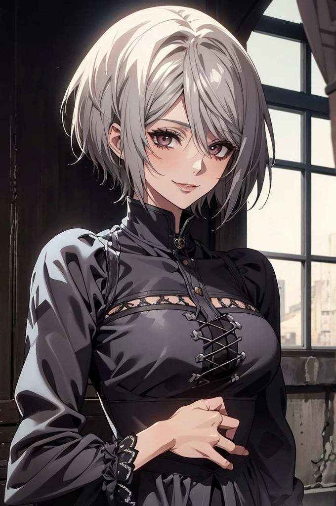 (Highest quality, High resolution, Very detailed), Silver Hair, Super short hair, Reddish brown eyes, gothic lolita, Large Breasts, 24th generation, Beautiful woman, mature, quiet, Calm, A small smile, ruins,