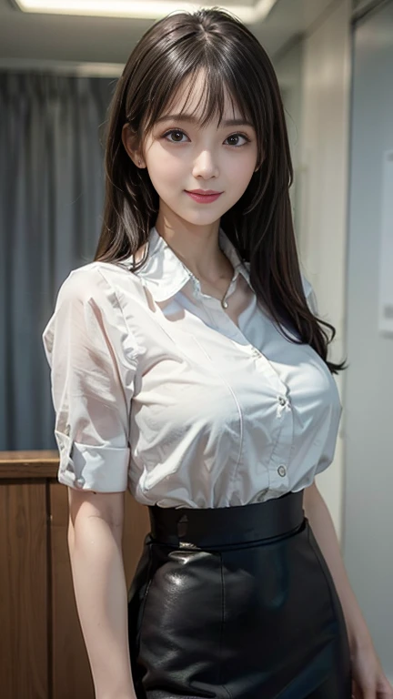 (Highest quality, masterpiece, Photorealistic, Super detailed, Ultra-high resolution, born:1.3), Big Breasts, 1人のslenderな20歳の女の子,(slender:1.4) cute, Japanese, Close Relationship, Pencil Skirt, smile, Long Hair, bangs, high waist, (Department store),Facing forward
