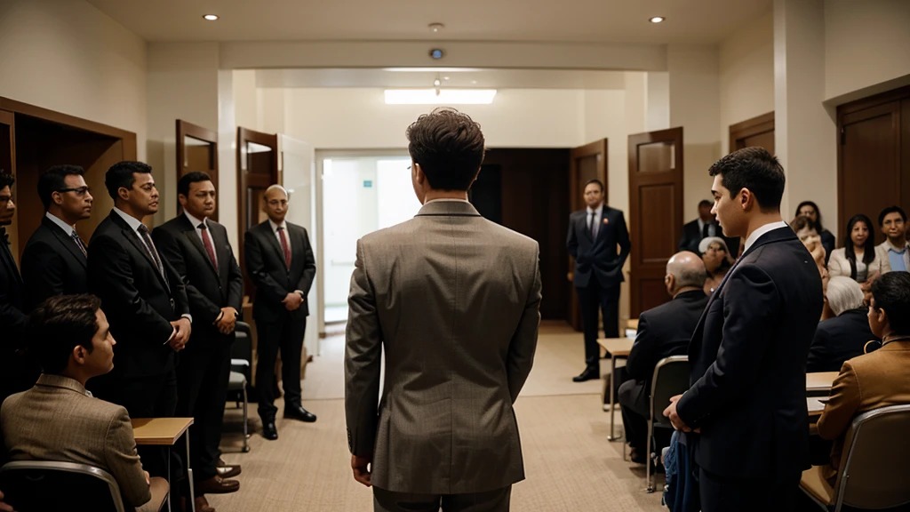 A man with his back turned is speaking to the people gathered in the hall, a conference. the man is in a suit, he is clear and well visible the background is blurred