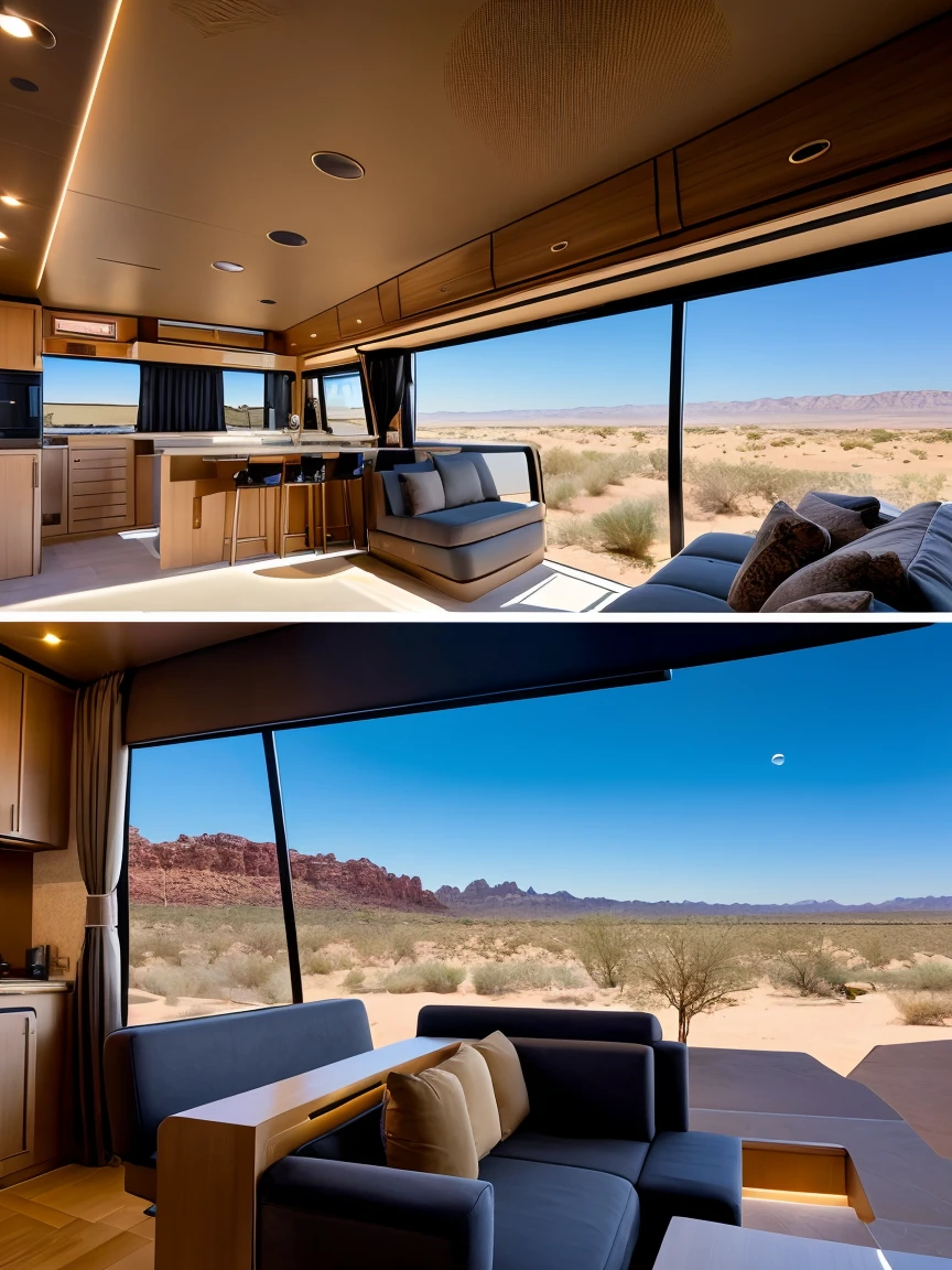 "Create a high-definition image of a luxurious, futuristic double-decker recreational vehicle (RV) set in a scenic desert landscape. The RV should have a sleek, modern design with multiple levels, large windows, and sophisticated lighting. The lower level should include a cozy seating area with elegant furniture, and the upper levels should feature additional living spaces and balconies offering panoramic views of the desert. The design should convey opulence and advanced technology, blending comfort and style seamlessly."