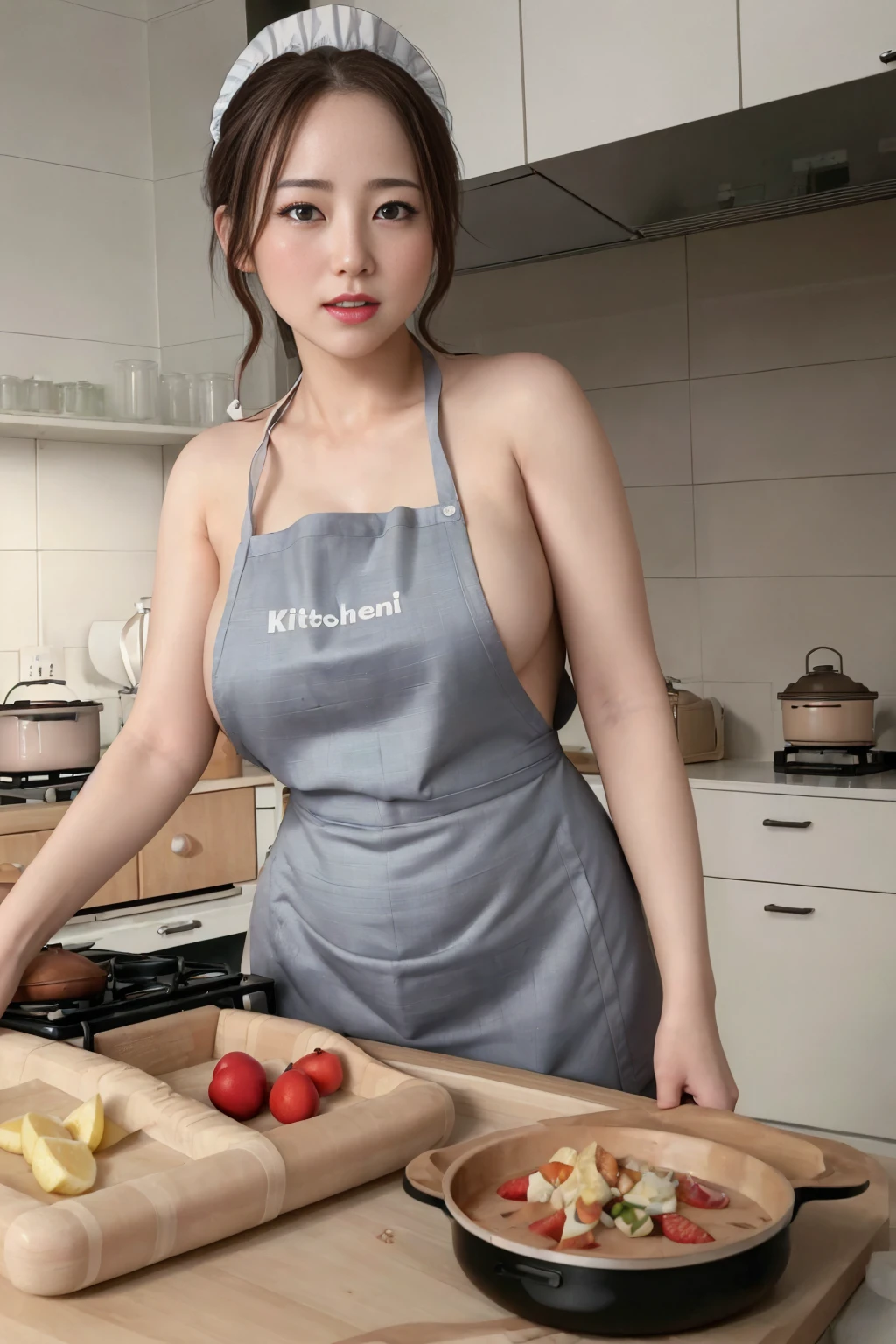 (In 8K、Highest quality、masterpiece:1.2)、(Realistic、Photorealistic:1.2)、A woman is cooking, (naked_apron:1.3), Good move,4K, High resolution, masterpiece, Highest quality, head:1.3,((Hasselblad Photography)), Detailed skin, hand up to head back, Sharp focus, (Cinema Lighting), Soft lighting, Dynamic Angle, [:(Detailed face:1.2):0.2], Large Breasts, Sweaty skin:1.2, (((Inside the kitchen)))