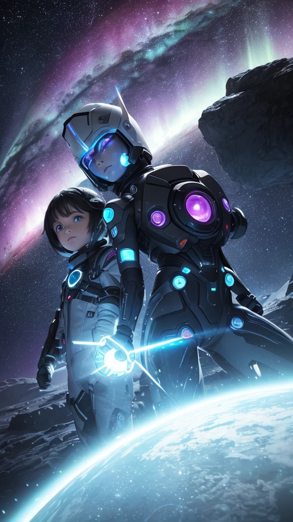 Title: "Cosmic Encounter Where a boy and girl using weapons "
Scene: A futuristic landscape set on Jupiter's moon, Europa. A boy and a girl, both wearing advanced exosuits, stand at the edge of a glowing, iridescent portal. The portal pulsates with an otherworldly energy, illuminating the surrounding ice terrain.
In the background, the massive planet Jupiter looms large, its swirling storm clouds and vibrant aurora displays lighting up the dark sky.
To the left, a sleek, silver UFO descends from the clouds, its hull etched with strange, alien symbols. A being with elongated limbs and large, black eyes emerges from the ship, its gaze fixed on the portal.
The boy and girl hold futuristic weapons, their eyes locked on the alien visitor. The weapons' screens display holographic data streams, indicating advanced AI technology at work.
Color Palette:
- Soft blues and whites for the icy terrain
- Vibrant oranges and purples for Jupiter's atmosphere
- Metallic silvers and blacks for the UFO and weapons
- Glowing iridescent hues for the portal
Atmosphere:
- An air of tension and wonder as the characters confront the unknown
- A sense of advanced technology and futuristic exploration
- A hint of mystery surrounding the portal and the alien's intentions
Task: Capture the Boy and girl's face looking at each othes face while holding weapons in their hands and cosmic encounter, where humanity's future meets the unknown.
Task: Make without exposing Clothes