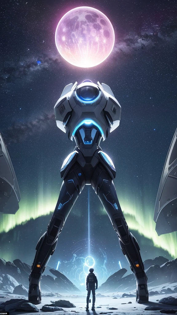 

Title: "Cosmic Encounter Where a boy and girl using weapons "

Scene: A futuristic landscape set on Jupiter's moon, Europa. A boy and a girl, both wearing advanced exosuits, stand at the edge of a glowing, iridescent portal. The portal pulsates with an otherworldly energy, illuminating the surrounding ice terrain.

In the background, the massive planet Jupiter looms large, its swirling storm clouds and vibrant aurora displays lighting up the dark sky.

To the left, a sleek, silver UFO descends from the clouds, its hull etched with strange, alien symbols. A being with elongated limbs and large, black eyes emerges from the ship, its gaze fixed on the portal.

The boy and girl hold futuristic weapons, their eyes locked on the alien visitor. The weapons' screens display holographic data streams, indicating advanced AI technology at work.

Color Palette:

- Soft blues and whites for the icy terrain
- Vibrant oranges and purples for Jupiter's atmosphere
- Metallic silvers and blacks for the UFO and weapons
- Glowing iridescent hues for the portal

Atmosphere:

- An air of tension and wonder as the characters confront the unknown
- A sense of advanced technology and futuristic exploration
- A hint of mystery surrounding the portal and the alien's intentions

Task: Capture the Boy and girl's face looking at each othes face while holding weapons in their hands and cosmic encounter, where humanity's future meets the unknown.

Task: Make without exposing Clothes 