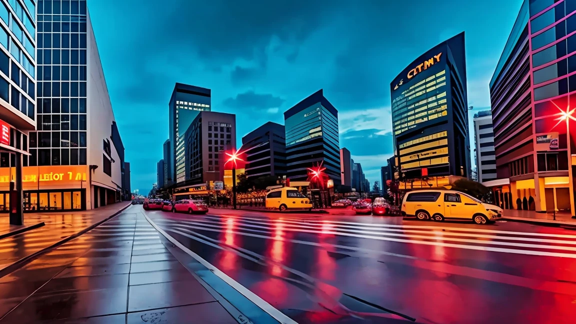 City center at dusk、intersection、Car horn、((Red light that stops the flow))、Pedestrians waiting、Bright city lights reflecting off wet sidewalk、Impressive skyline in the background、Airplane flying