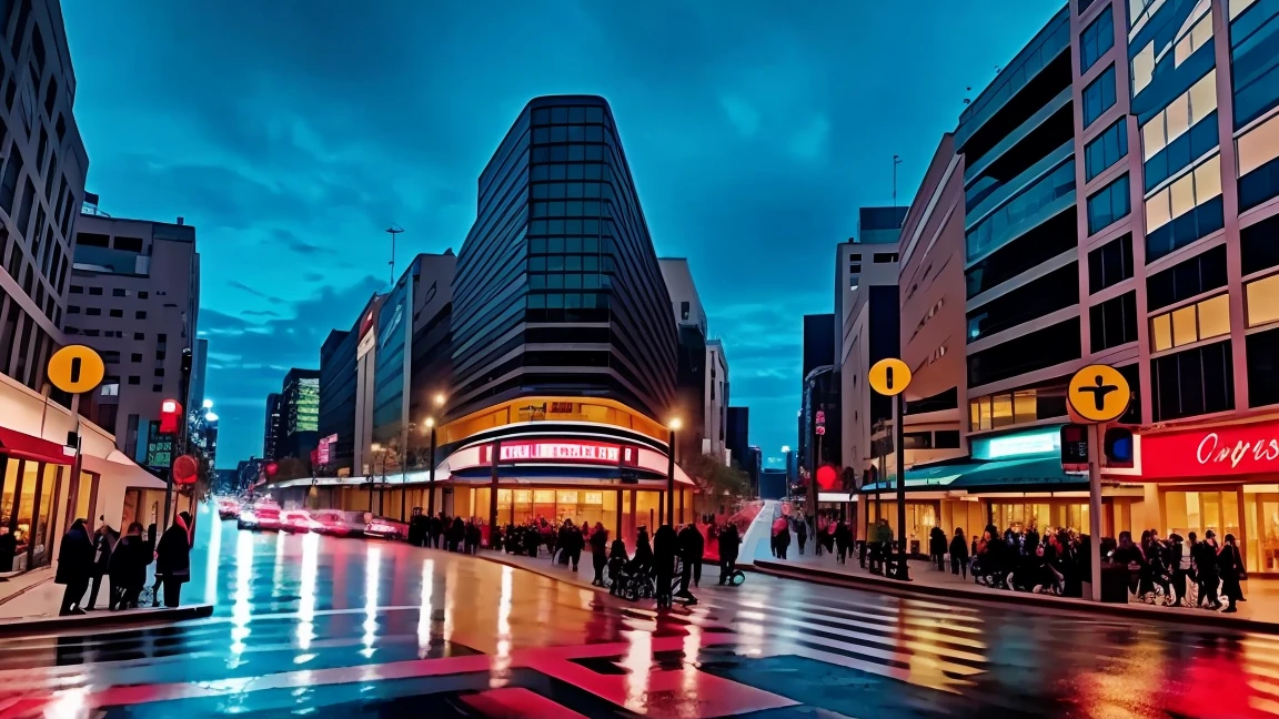 City center at dusk、intersection、Car horn、((Red light that stops the flow))、Pedestrians waiting、Bright city lights reflecting off wet sidewalk、Impressive skyline in the background、Airplane flying