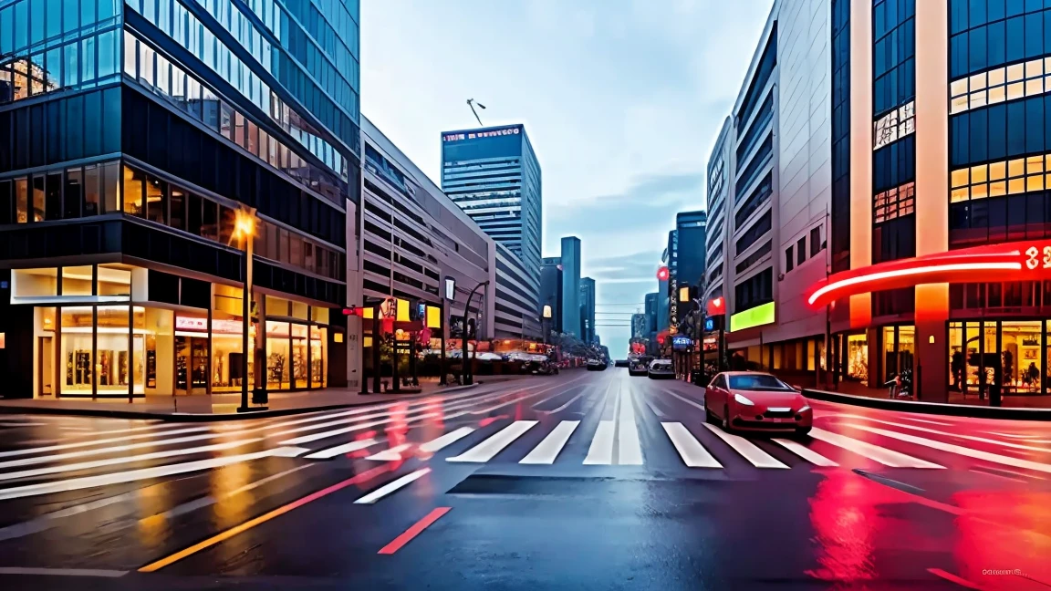 City center at dusk、intersection、Car horn、((Red light that stops the flow))、Pedestrians waiting、Bright city lights reflecting off wet sidewalk、Impressive skyline in the background、Airplane flying