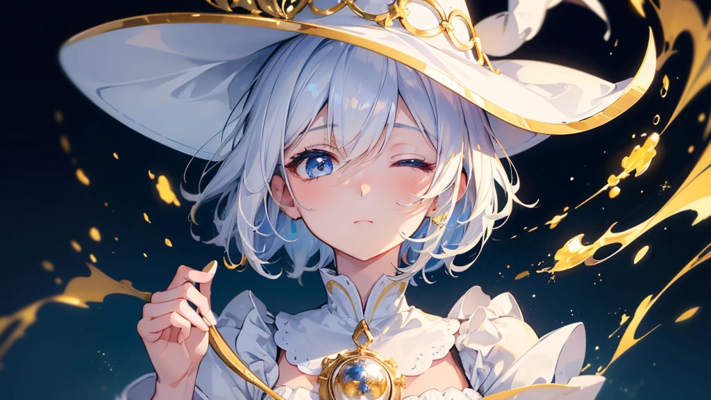 (Highest quality)　(4K)　(8k)　(High resolution)　(masterpiece:1.2)　(Super detailed)　One girl　short hair　witch　The right eye is blue and the left eye is yellow　Long sleeve　Golden decoration　Hair between the eyes　Closed Mouth　White Dress　Wavy white hair　Upper Body　Blue hat　Golden Background　Embarrassed　Being spoiled　(Looking up)　(Cast a spell)