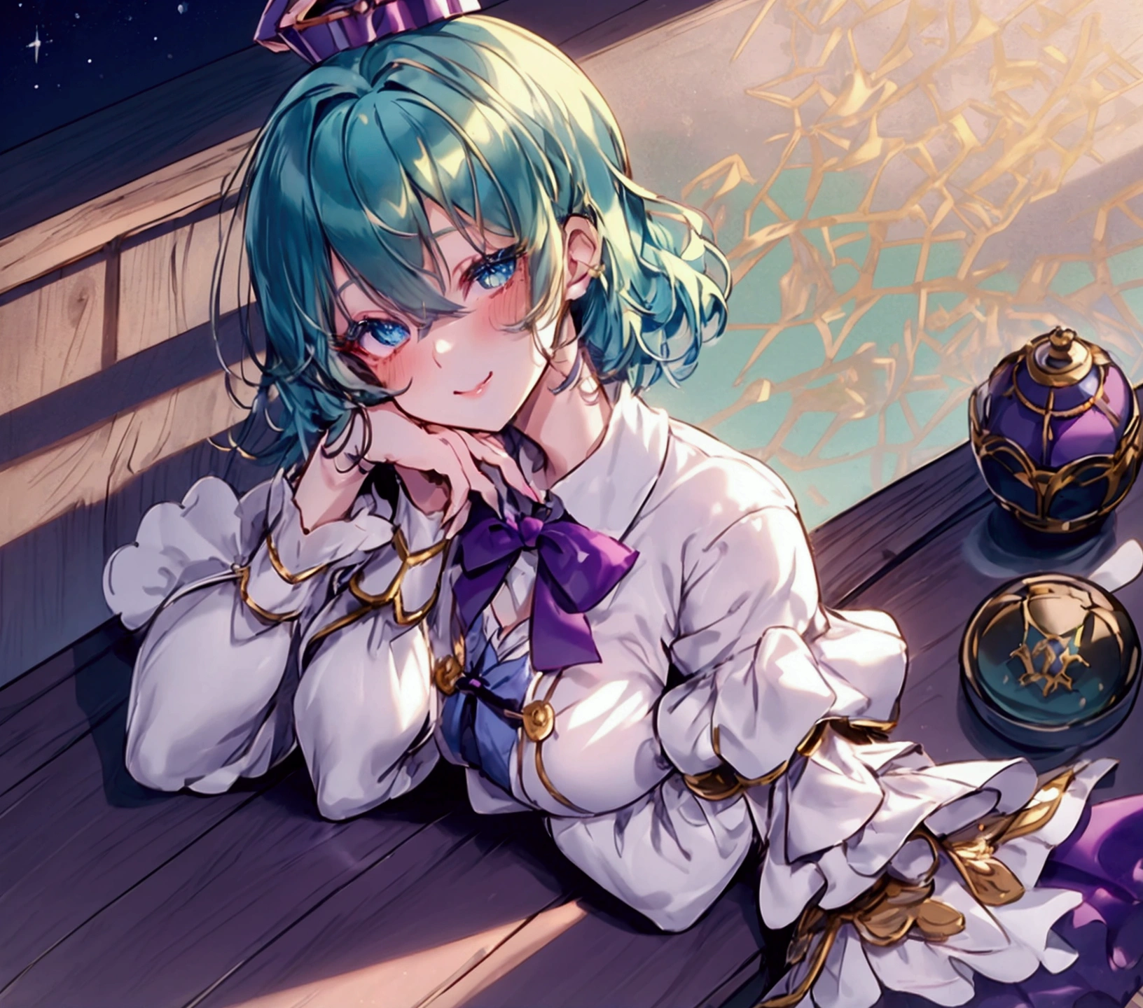 blue-green hair, short hair, beautiful hair, beautiful detailed eyes, super detailed eyes, sparkling eyes, red eye shadow on eye lids, blue-green eyes, absorbing fine eyes, blush, break, (Table Top:1.3), (Best Quality:1.3), high res, couboy shot, behind Sleeping, (Cute Girl:1.3), Alone, White Skin, Small Breasts, Big Smile, Eight Headed Man, Heart Mark, Outdoors, Purple Background, Gorgeous Bedding, Best Picture Quality, Octane, Shadow Lighting, Break, Teacher, Wearing White Dress, White Leggings, Spotting Detail, Detailed Eyes, Purple Bow Tie golden crown floating on her head, background Chinese universe