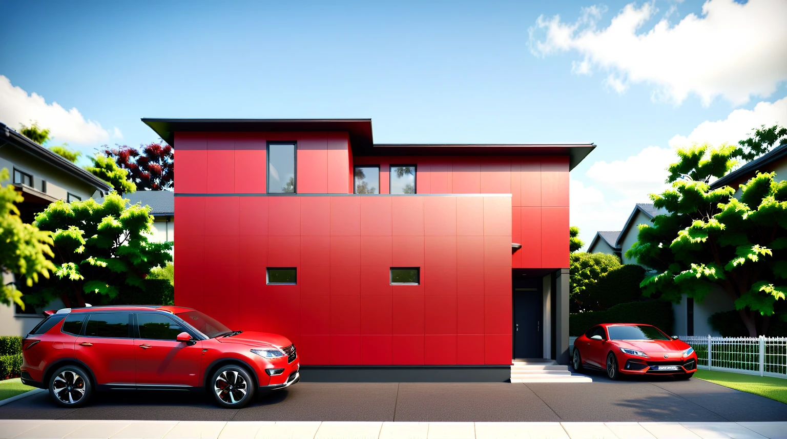 there is a car parked in front of a house with a red car, wide angle exterior 2022, high quality rendering, detailed rendering, architectural rendering, highly rendered!!, 3/4 view realistic, rendering, front facing, neotraditional modern, 3 d rendering, 3d rendering, highly photographic render, architectural render, in style of simplified realism