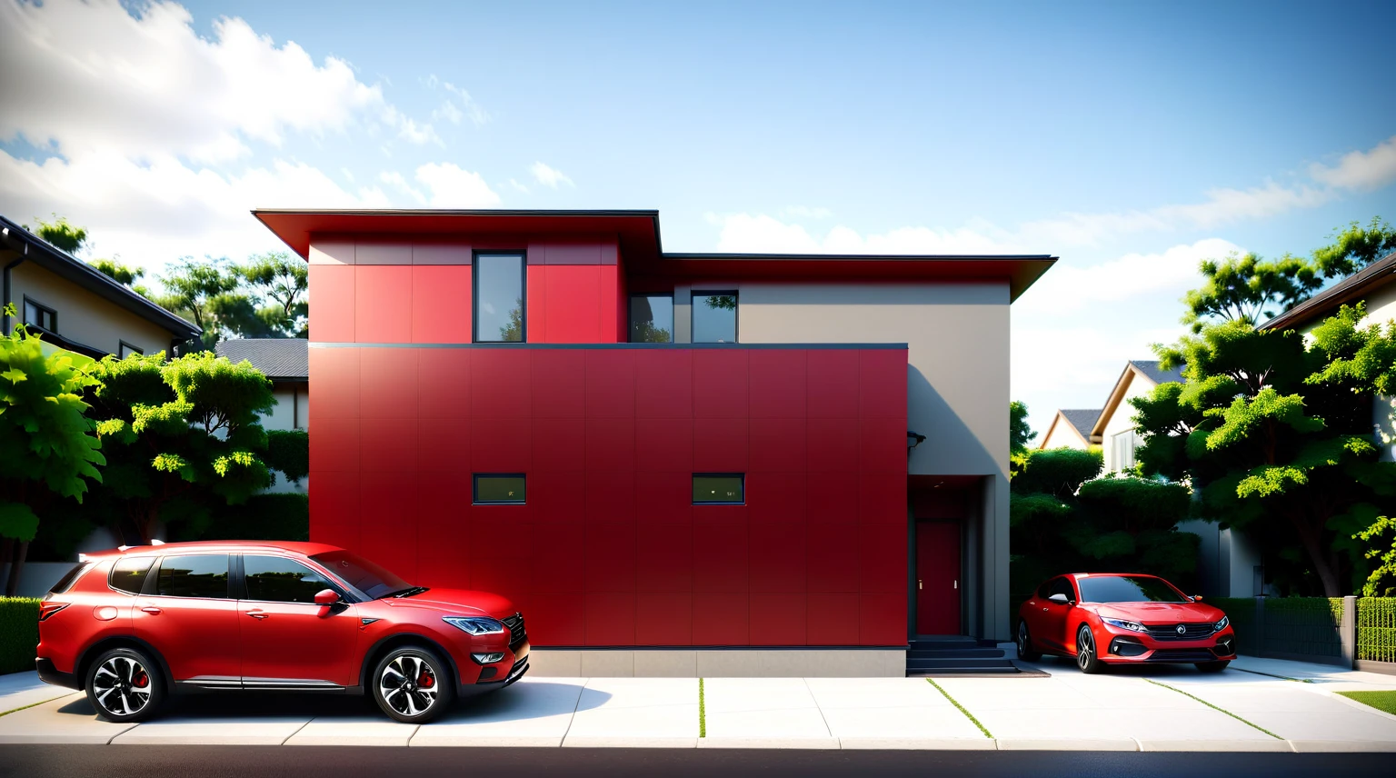 there is a car parked in front of a house with a red car, wide angle exterior 2022, high quality rendering, detailed rendering, architectural rendering, highly rendered!!, 3/4 view realistic, rendering, front facing, neotraditional modern, 3 d rendering, 3d rendering, highly photographic render, architectural render, in style of simplified realism