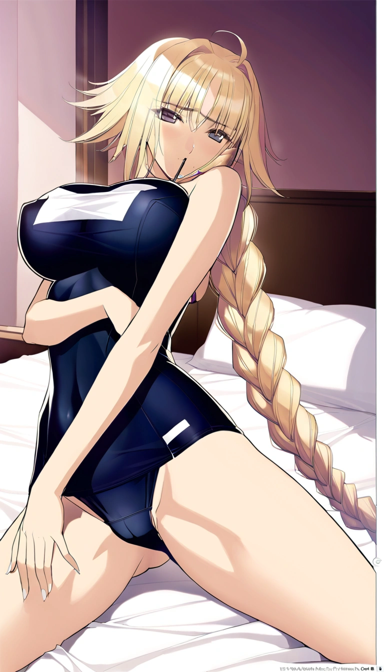 {{Masterpiece 1.3}},{Write in detail and carefully1.3},Official Art,Beautiful adult woman,Jannu d'Arc,Long blonde braids,Large Breasts,Erotic Seduction:1.5.,School Swimsuit,Embarrassing,Seduce in sexy poses,On the bed