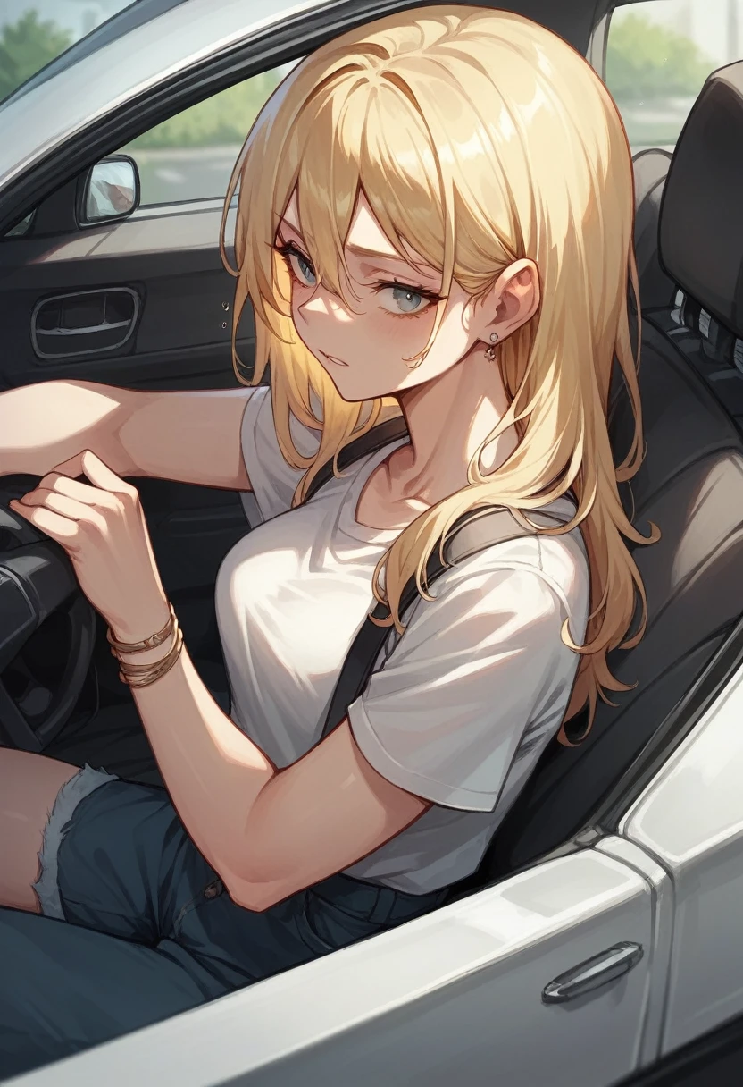 Very young blonde woman with straight hair in a car