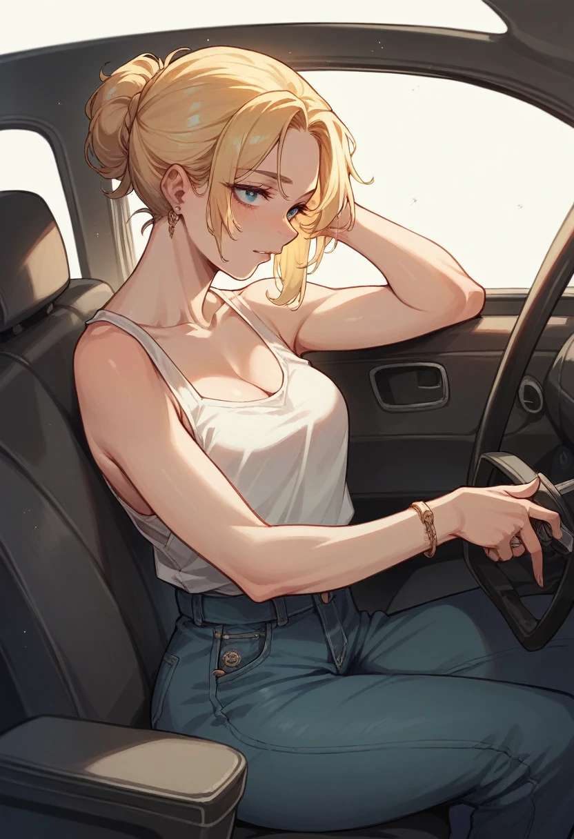 Very young blonde woman with straight hair in a car