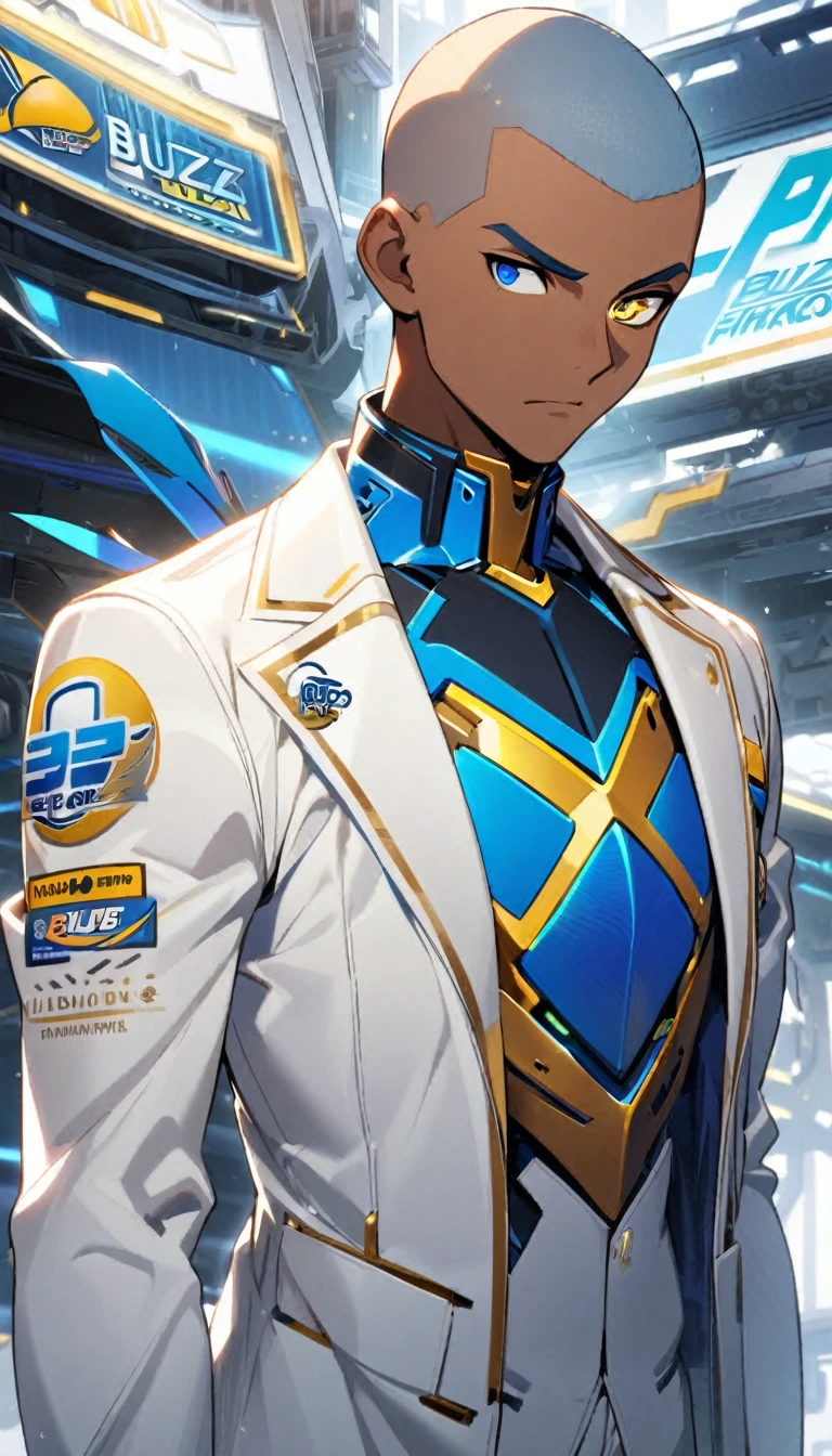 1boy,short blue buzz cut,dark skin,white blazer with logo ,gold robotic right eye,standing